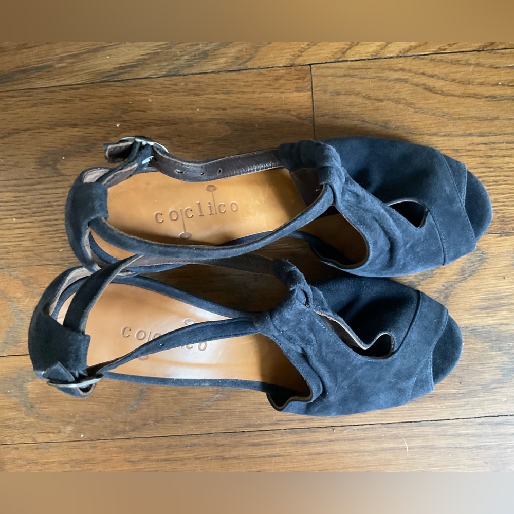 Navy blue suede open toed Coclico shoes/sandals. Lightly worn, size 37